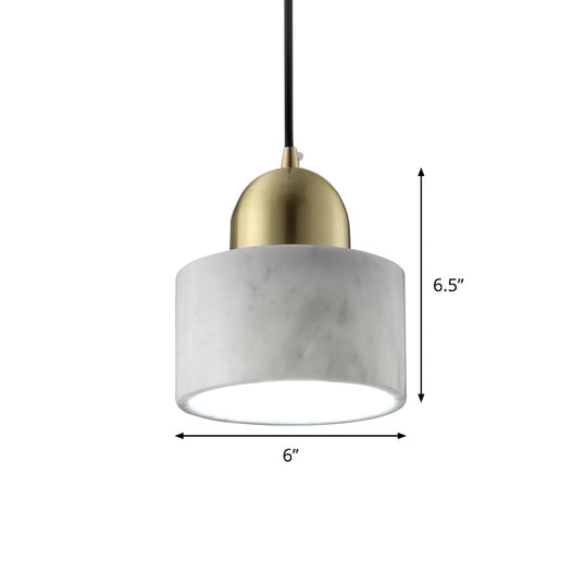 Minimalist White Bedside Pendant Light with Drum Marble Shade and Gold Dome Top - 1-Light Hanging Lamp