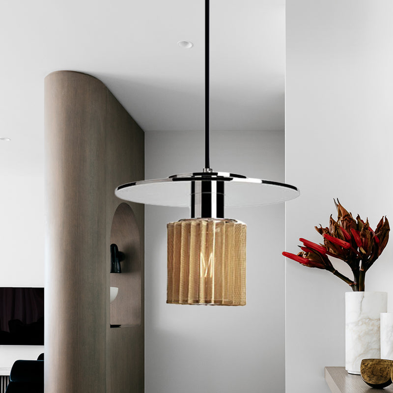 Ribbed Glass Chrome Pendant Light with Designer 1 Light, Mini Drum Ceiling Lamp