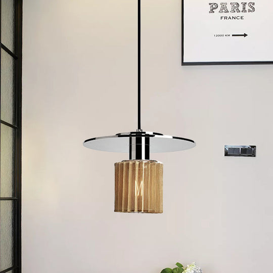 Ribbed Glass Chrome Pendant Light with Designer 1 Light, Mini Drum Ceiling Lamp