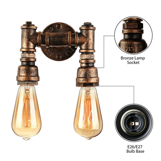 Vintage Industrial 2-Light Wall Sconce with Water Pipe Décor in Black/Antique Brass