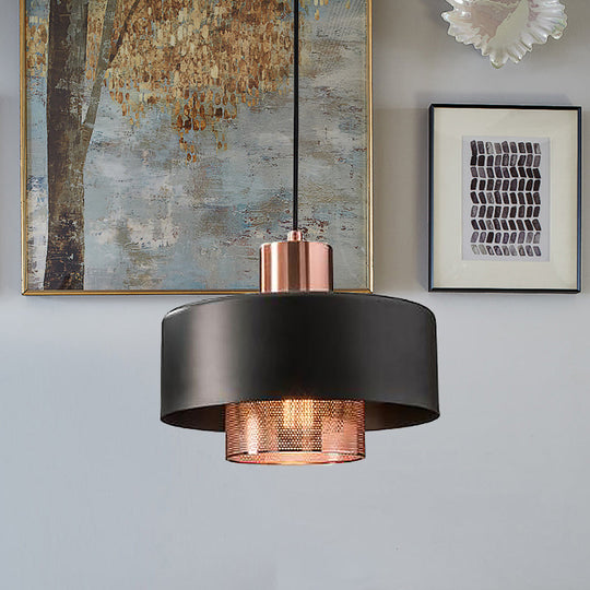 Mid-Century Metal Pendulum Light with Dual Lid, Netting Screen, and Black/Rose Gold Finish