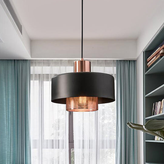 Mid-Century Metal Pendulum Light with Dual Lid, Netting Screen, and Black/Rose Gold Finish