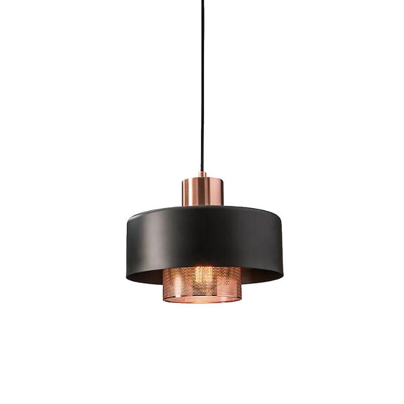 Mid-Century Metal Pendulum Light with Dual Lid, Netting Screen, and Black/Rose Gold Finish
