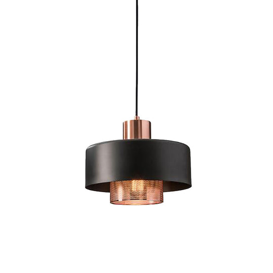 Mid-Century Metal Pendulum Light with Dual Lid, Netting Screen, and Black/Rose Gold Finish