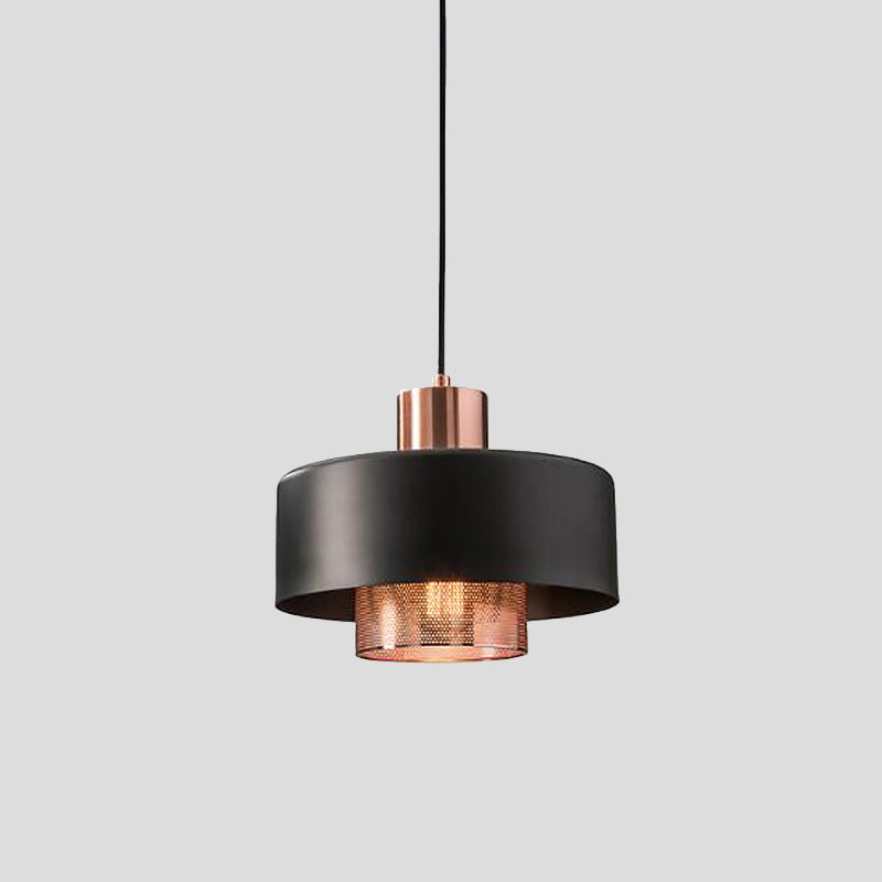 Mid-Century Metal Pendulum Light with Dual Lid, Netting Screen, and Black/Rose Gold Finish