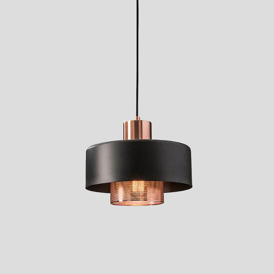 Mid-Century Metal Pendulum Light with Dual Lid, Netting Screen, and Black/Rose Gold Finish