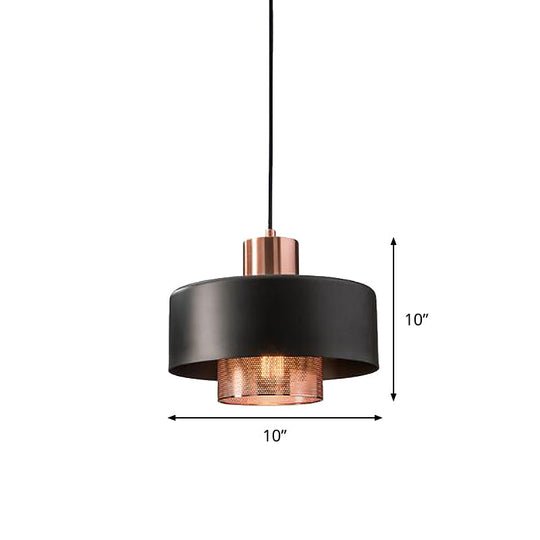 Mid-Century Metal Pendulum Light with Dual Lid, Netting Screen, and Black/Rose Gold Finish