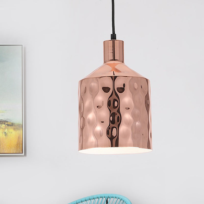 Mid Century Rose Gold Iron Pendant Light with Dimpled Cylindrical Shade