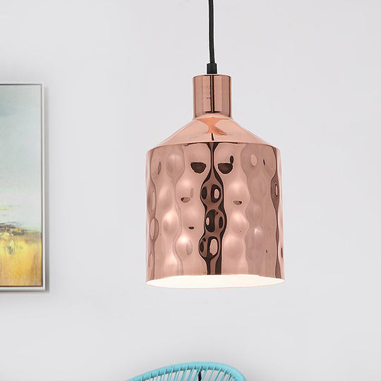 Mid Century Rose Gold Iron Pendant Light with Dimpled Cylindrical Shade