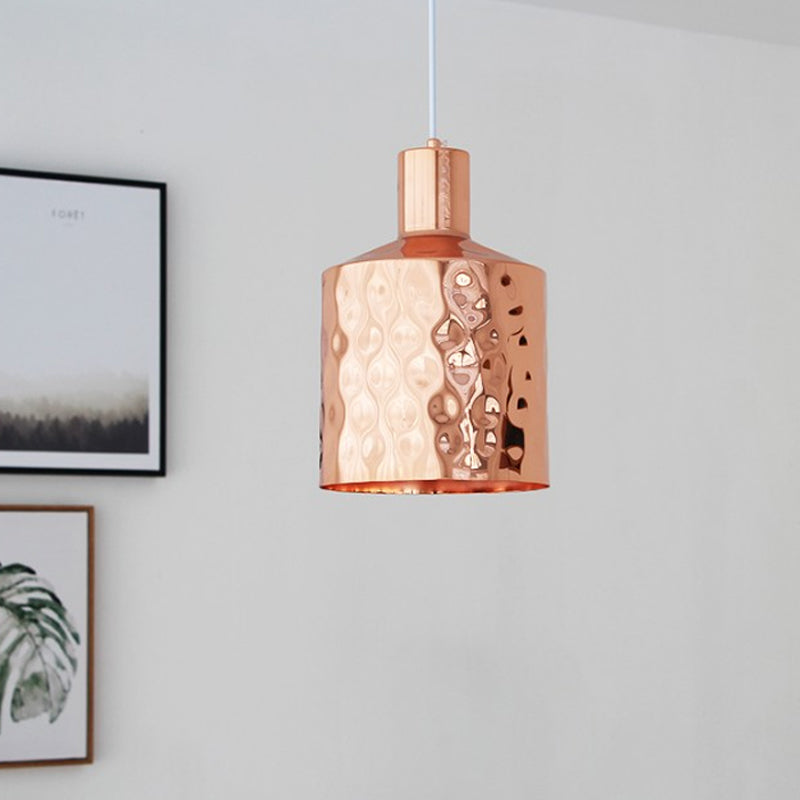 Mid Century Rose Gold Iron Pendant Light with Dimpled Cylindrical Shade