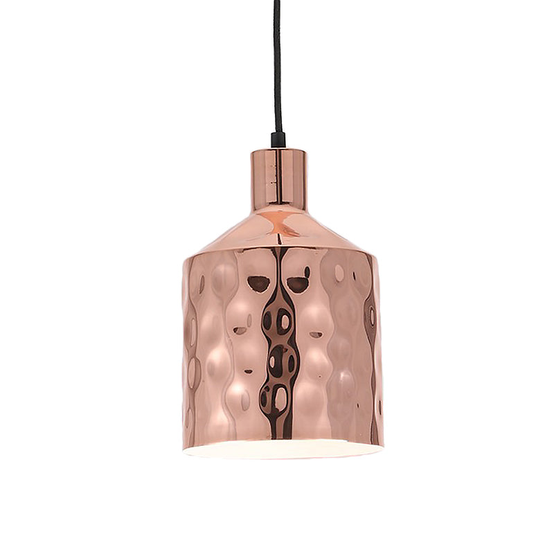 Mid Century Rose Gold Iron Pendant Light with Dimpled Cylindrical Shade
