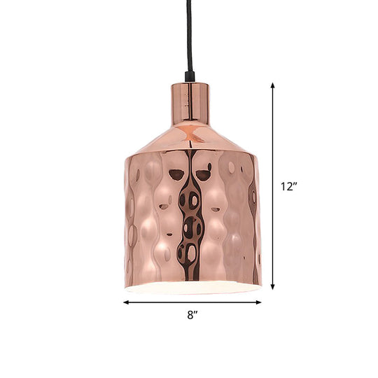 Mid Century Rose Gold Iron Pendant Light with Dimpled Cylindrical Shade