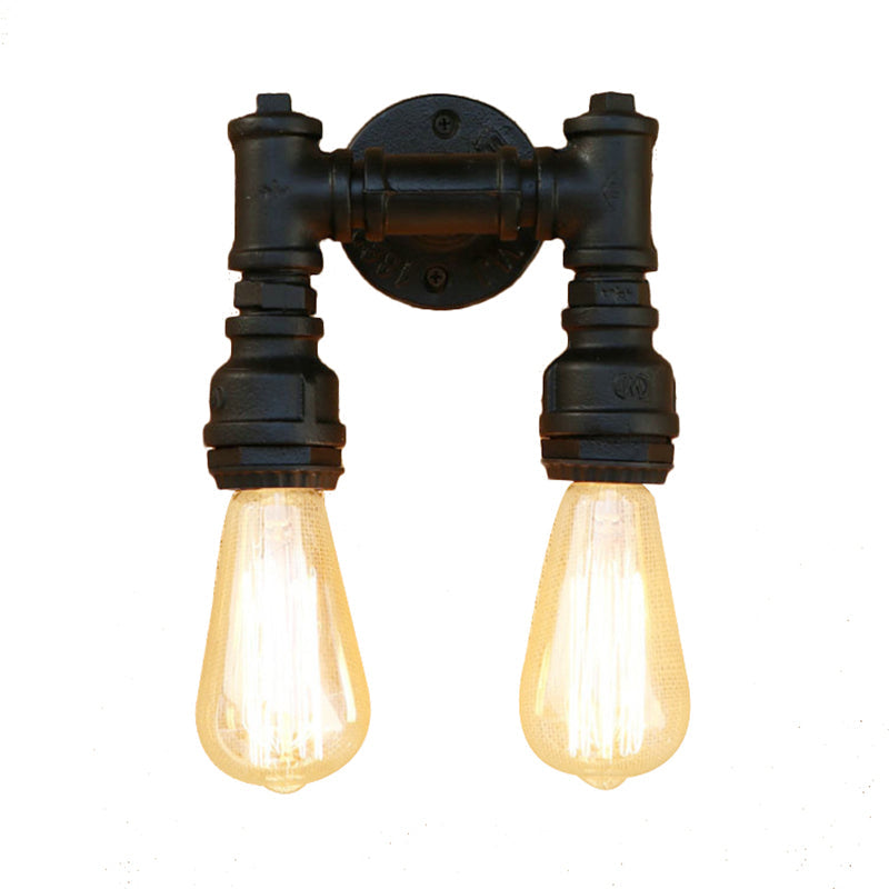 Vintage Industrial 2-Light Wall Sconce with Water Pipe Décor in Black/Antique Brass