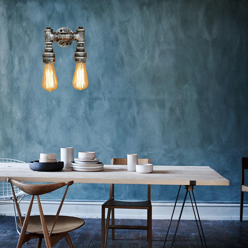 Vintage Industrial 2-Light Wall Sconce with Water Pipe Décor in Black/Antique Brass