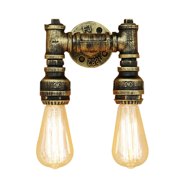 Vintage Industrial 2-Light Wall Sconce with Water Pipe Décor in Black/Antique Brass