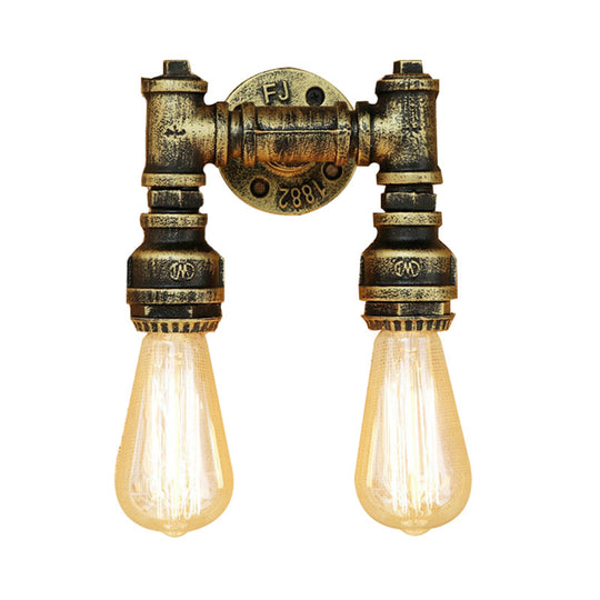 Vintage Industrial 2-Light Wall Sconce with Water Pipe Décor in Black/Antique Brass
