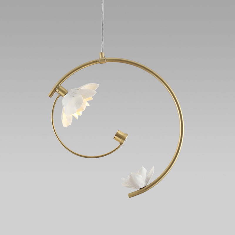 Modern Ceramic Flower Pendant Lamp - Single White Ceiling Light with Gold Scroll Stem