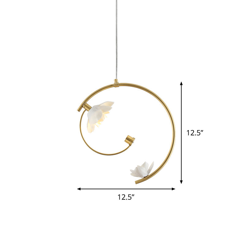Modern Ceramic Flower Pendant Lamp - Single White Ceiling Light with Gold Scroll Stem