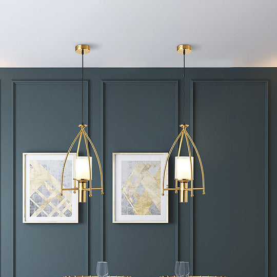 Mid Century Matte Glass Pendant Light with Dual Shade and Gold Cage Guard