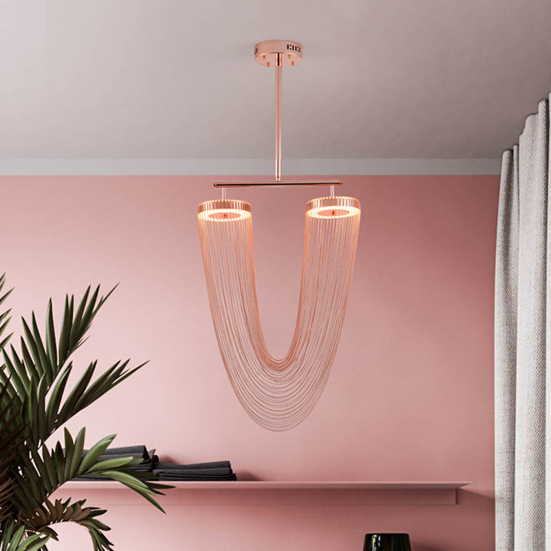 Modern Rose Gold LED Ceiling Light with Hand Braided Chain Fringe for Loft House