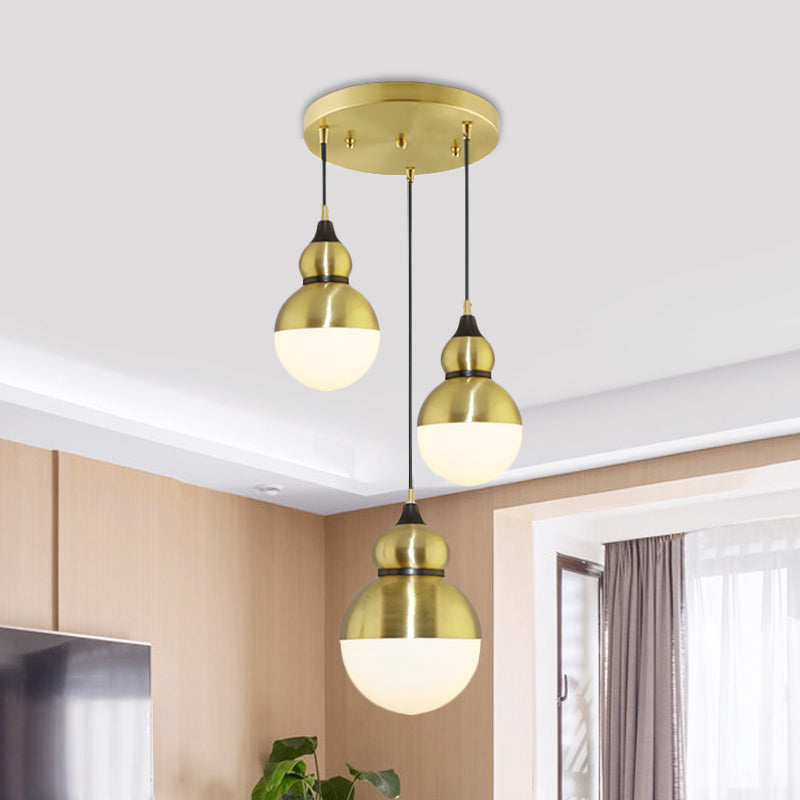 Modern Brass Gourd Dinette Pendant Light with Cream Matte Glass - 3 Bulbs, Multi-Light Hanging Design