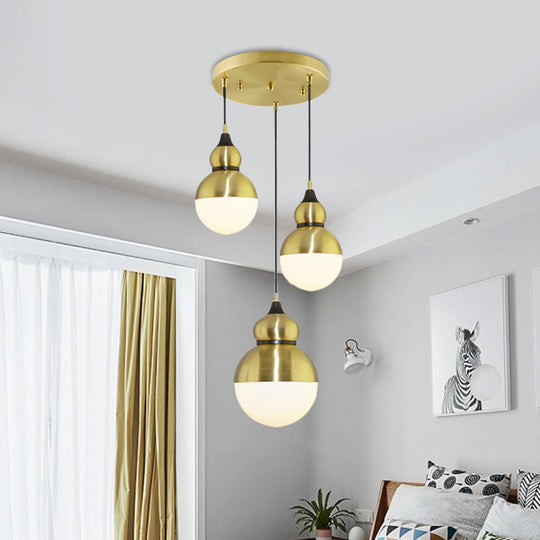 Modern Brass Gourd Dinette Pendant Light with Cream Matte Glass - 3 Bulbs, Multi-Light Hanging Design
