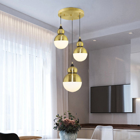 Modern Brass Gourd Dinette Pendant Light with Cream Matte Glass - 3 Bulbs, Multi-Light Hanging Design