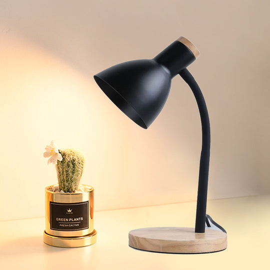 Modern Metallic Night Light with Flexible Gooseneck, Bowl Shade, and Wood Base - Black/White, 1 Head