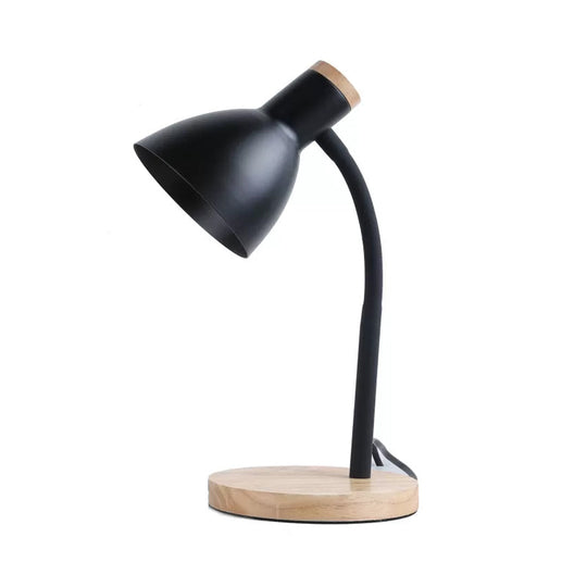 Modern Metallic Night Light with Flexible Gooseneck, Bowl Shade, and Wood Base - Black/White, 1 Head