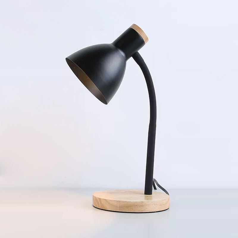 Modern Metallic Night Light with Flexible Gooseneck, Bowl Shade, and Wood Base - Black/White, 1 Head