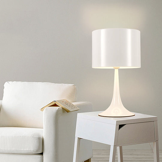 Sleek Minimalist Desk Lamp - Single Black/White Aluminum Candlestick Reading Light with Drum Shade, 12"/16" Width