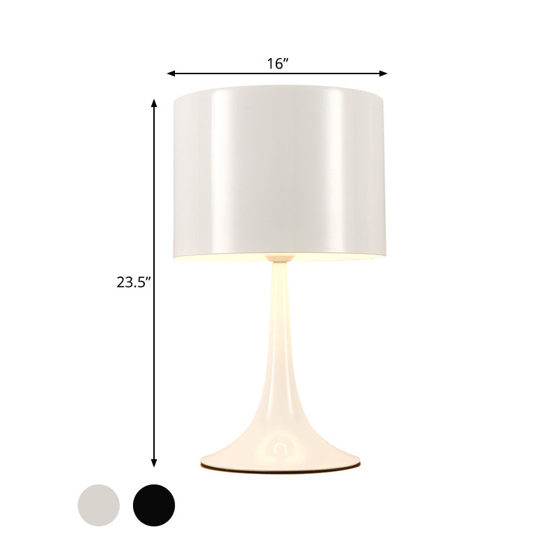Sleek Minimalist Desk Lamp - Single Black/White Aluminum Candlestick Reading Light with Drum Shade, 12"/16" Width