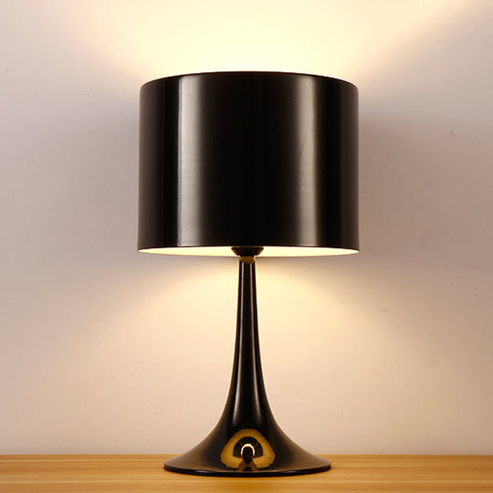 Sleek Minimalist Desk Lamp - Single Black/White Aluminum Candlestick Reading Light with Drum Shade, 12"/16" Width