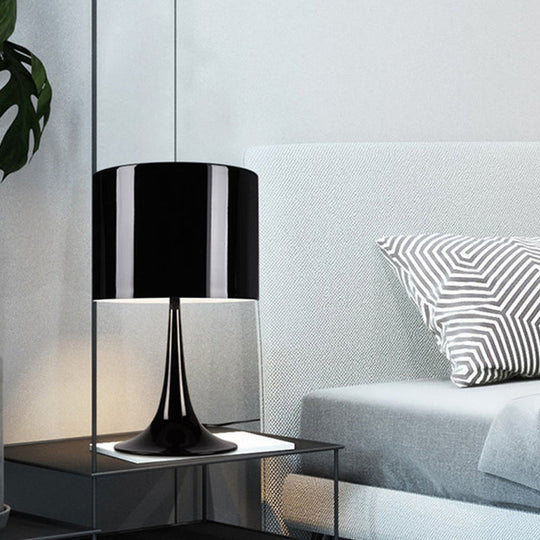 Sleek Minimalist Desk Lamp - Single Black/White Aluminum Candlestick Reading Light with Drum Shade, 12"/16" Width