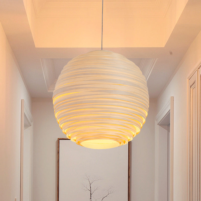 Ribbed Globe Wine Bar Pendant Light - Asian Style Hanging Pendant, Crafted Wood, 1 Head, Beige