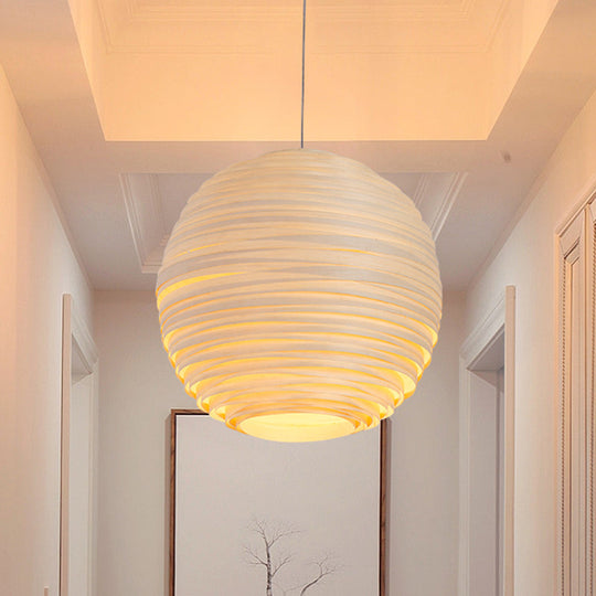 Ribbed Globe Wine Bar Pendant Light - Asian Style Hanging Pendant, Crafted Wood, 1 Head, Beige