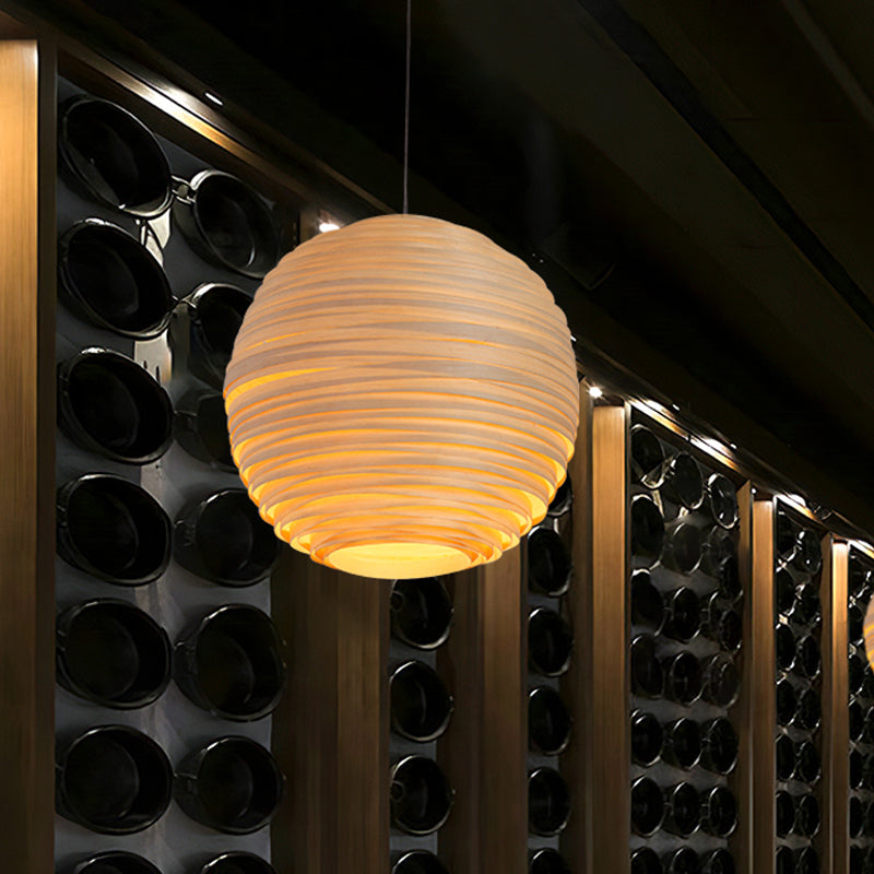 Ribbed Globe Wine Bar Pendant Light - Asian Style Hanging Pendant, Crafted Wood, 1 Head, Beige