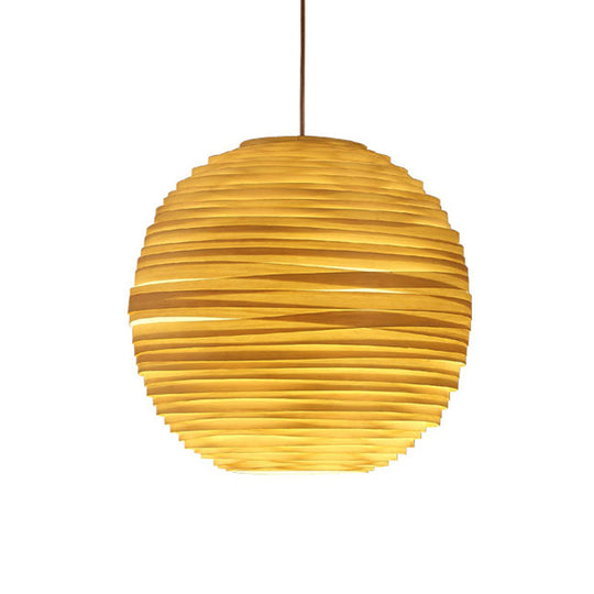 Ribbed Globe Wine Bar Pendant Light - Asian Style Hanging Pendant, Crafted Wood, 1 Head, Beige