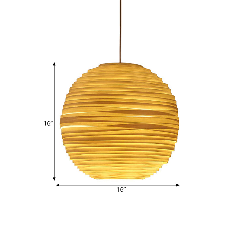 Ribbed Globe Wine Bar Pendant Light - Asian Style Hanging Pendant, Crafted Wood, 1 Head, Beige