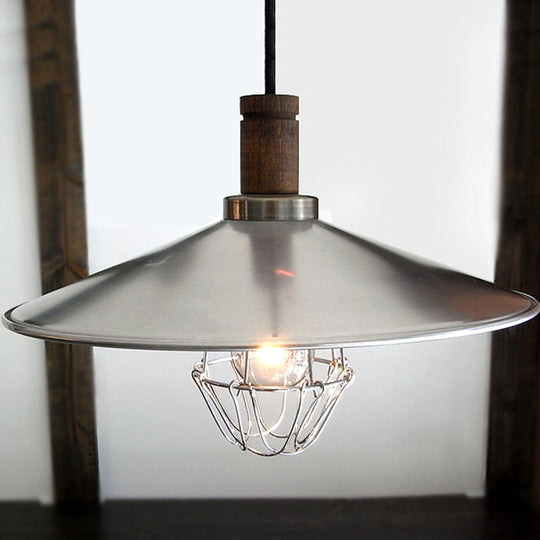 "Modern Aluminum Pendant Light: Silver Flying Saucer Design, 1-Light Farmhouse Ceiling Lamp with Wire Cage and Wood Cork