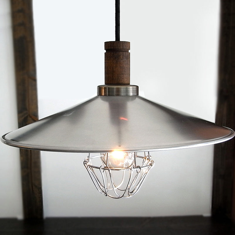 "Modern Aluminum Pendant Light: Silver Flying Saucer Design, 1-Light Farmhouse Ceiling Lamp with Wire Cage and Wood Cork