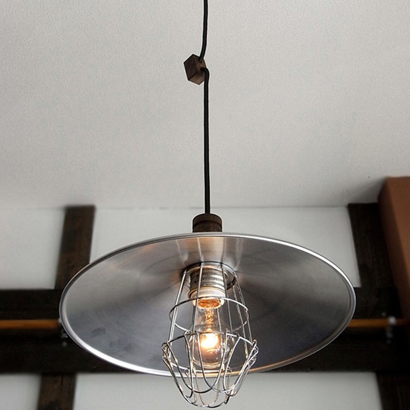 "Modern Aluminum Pendant Light: Silver Flying Saucer Design, 1-Light Farmhouse Ceiling Lamp with Wire Cage and Wood Cork