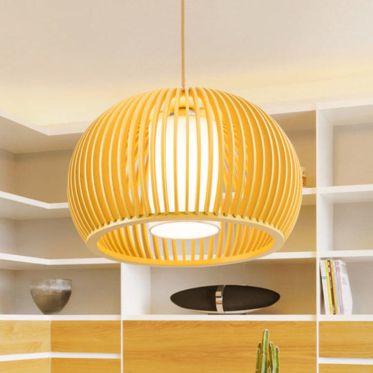 Open Kitchen Suspension Light - Asia Beige Pendant Lamp with Dome Wood Cage, 14/18 Inch Wide