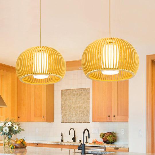 Open Kitchen Suspension Light - Asia Beige Pendant Lamp with Dome Wood Cage, 14/18 Inch Wide