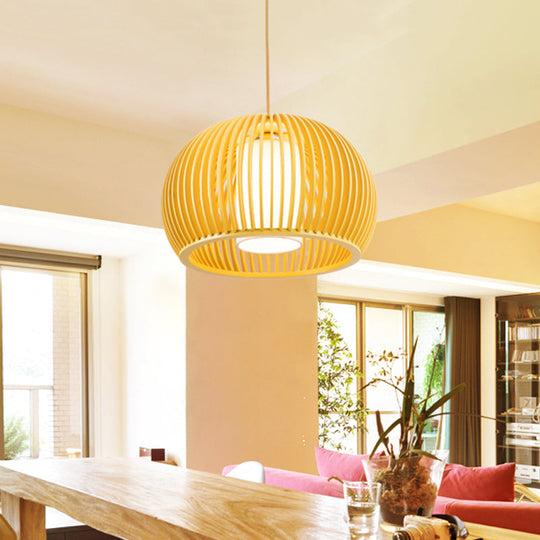 Open Kitchen Suspension Light - Asia Beige Pendant Lamp with Dome Wood Cage, 14/18 Inch Wide