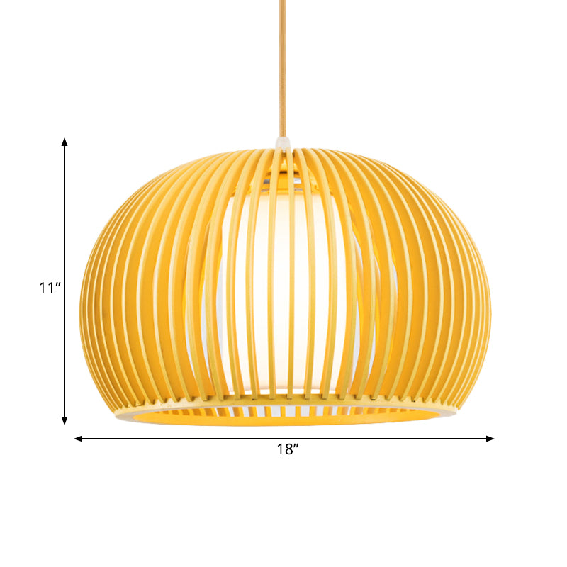 Open Kitchen Suspension Light - Asia Beige Pendant Lamp with Dome Wood Cage, 14/18 Inch Wide
