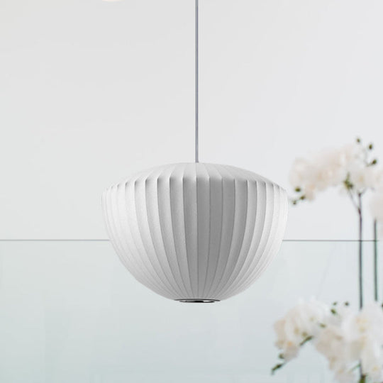 Minimalist Ribbed Rayon Bowl Pendant Light: 1-Light White Ceiling Fixture for Lounge