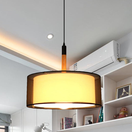 Modern Black Dual Shade Pendant Lamp: 1 Head Fabric Suspension Light with Wood Grip