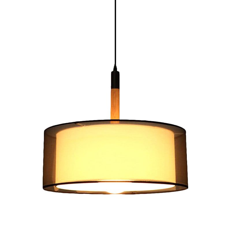 Modern Black Dual Shade Pendant Lamp: 1 Head Fabric Suspension Light with Wood Grip