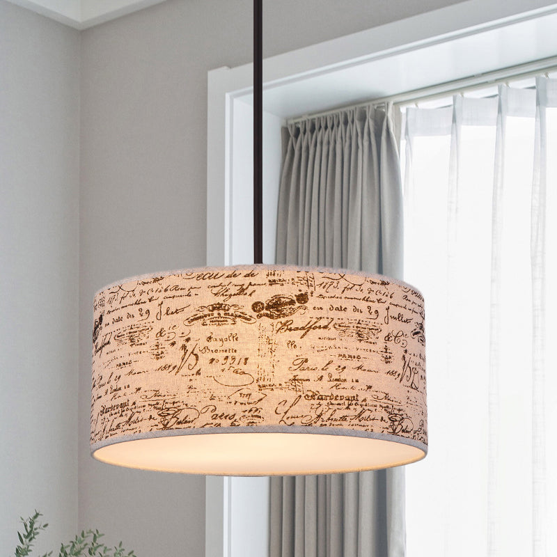 Modern Flaxen Drum Pendant with Script Lamp Shade - 12"/16" Dia Suspension Lighting